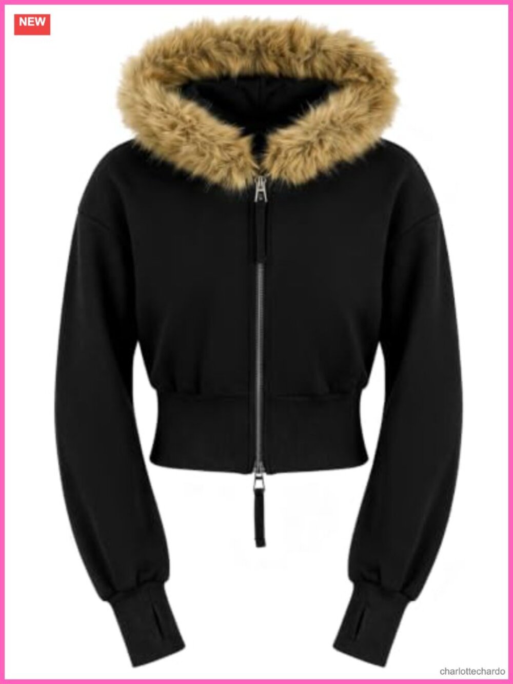 Womens Cropped Zip Up Hoodie Faux Fur Trim Y2K Grunge Jacket